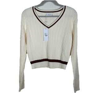 Sage the Label Womens Sz L Avanti v-neck sweater cropped fitted Preppy Academia